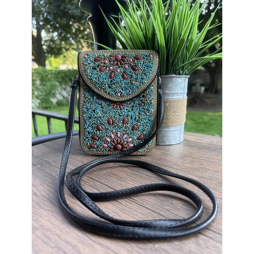 Bohemian Style Rice Beaded Leather Crossbody Bag Multicolor Mint Condition